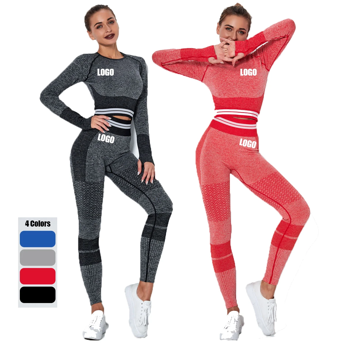 

New 4 Colors Available Women Fitness Sportswear Gym Leggings Long Sleeve 2 Pcs Sports Suits Seamless Yoga Set