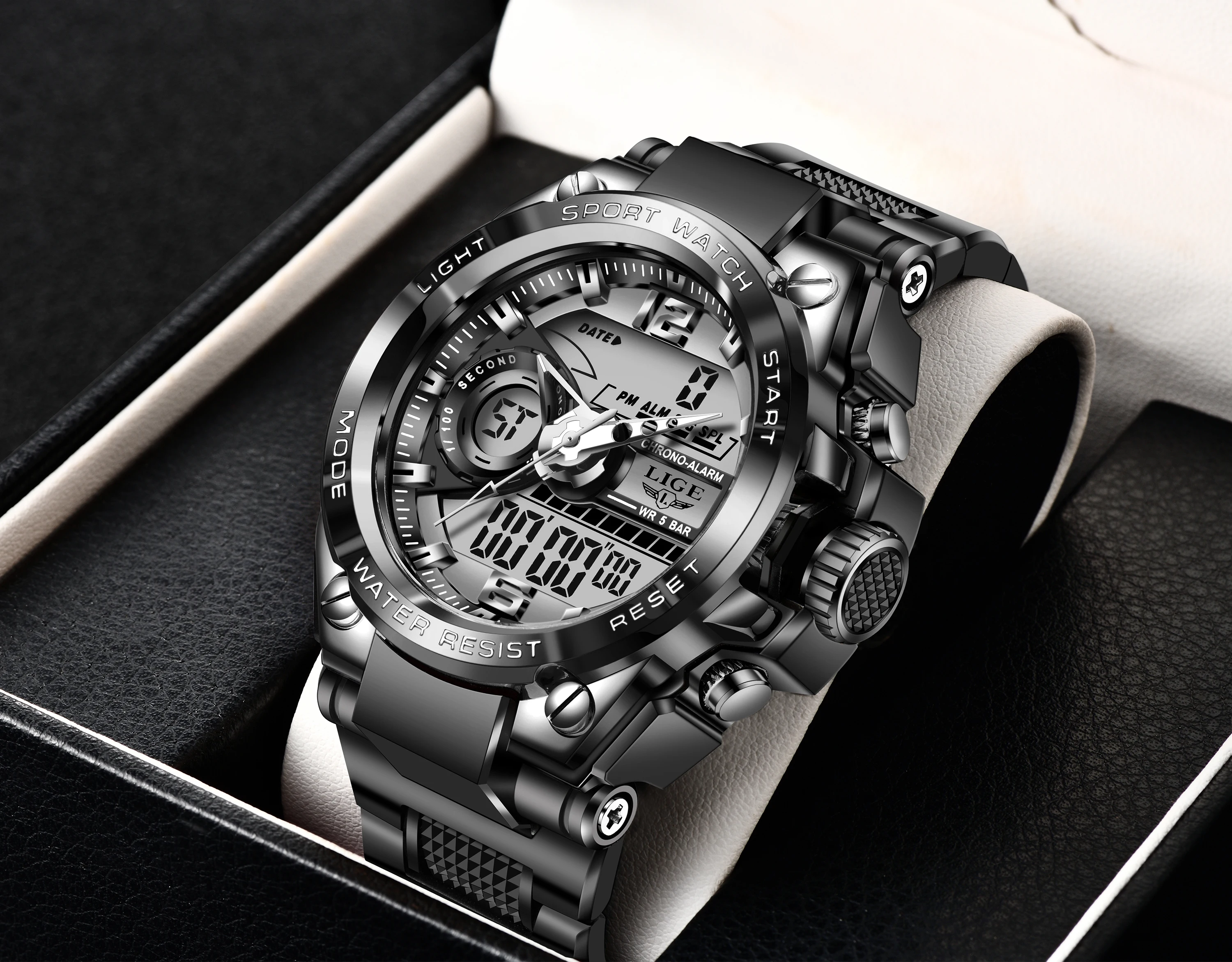 LIGE LG8922 Watch 50m Waterproof Wristwatch Clock Sport Watch Male Men Quartz Digital Watches Plastic Silicone Alloy Round