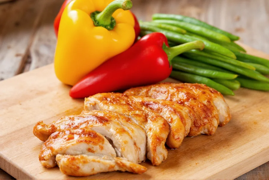 Colorful bell peppers and chicken breast arranged on wooden cutting board for chicken and pepper stir fry recipe