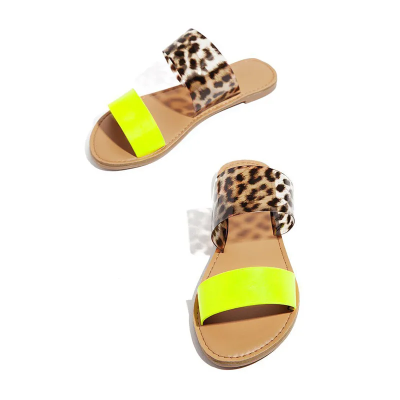 

Fashion leopard print double strap sandals flat heel ladies large size transparent slippers manufacturers direct sales, As shown in figure