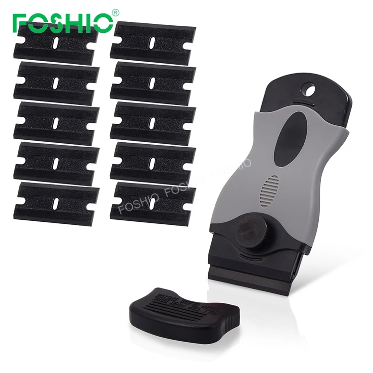 

Foshio Good Price Oven Glass Double Edge Plastic Razor Window Scraper with 10pcs Blades, Black+grey