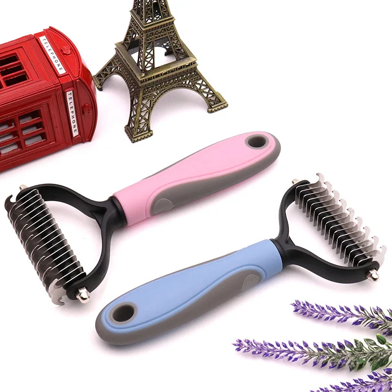 

free sample pet cleaning and grooming accessories supplies hair dematting stainless steel blade brush tool for dogs cats, Blue, pink
