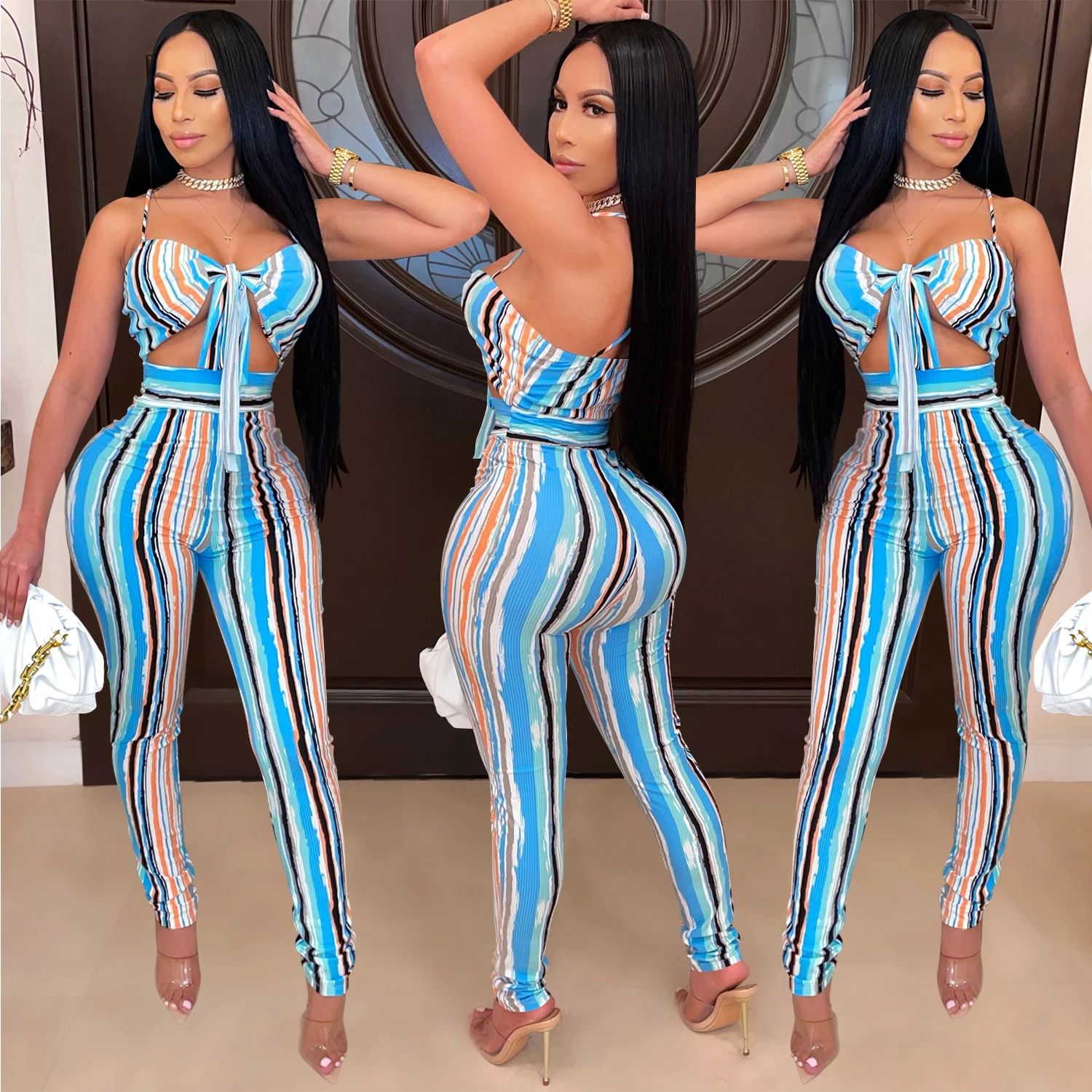 

X5479 - bandage fashion sleeveless strap hollow out printed women jumpsuit