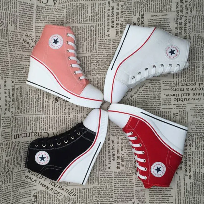 

8cm zip canvas trendy platform high top heel wedge shoes Pumps for women girl, White,black,red,pink