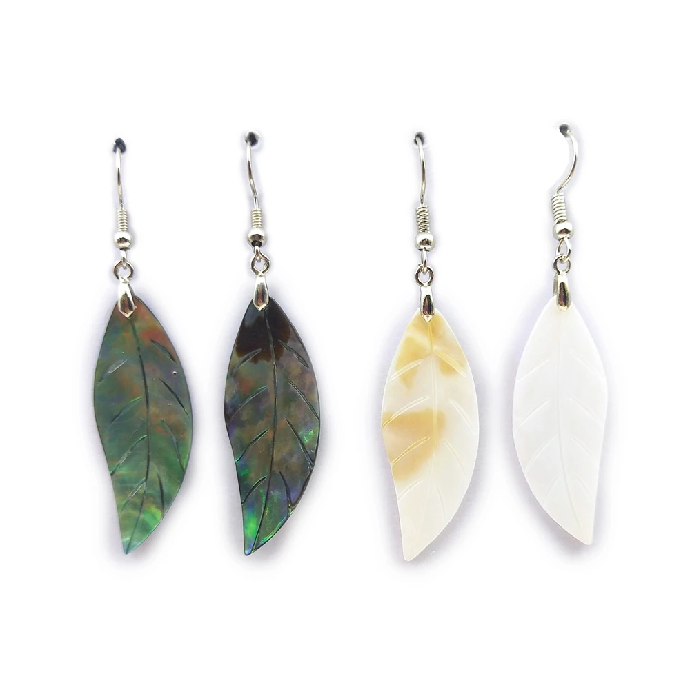 

Custom wholesale popular carved mother of pearl shell engraved green white shell leaf earrings jewelry for elegant lady gifts, Multi