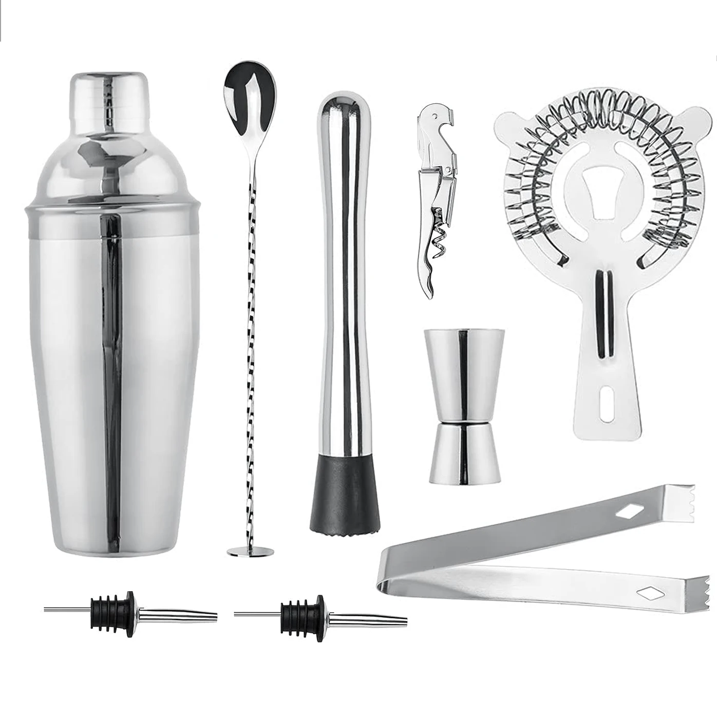 

9 Pieces Premium Professional Drink Mixer Kit Stainless Steel Cocktail Shaker Set with Bamboo Stand, Metal silver color