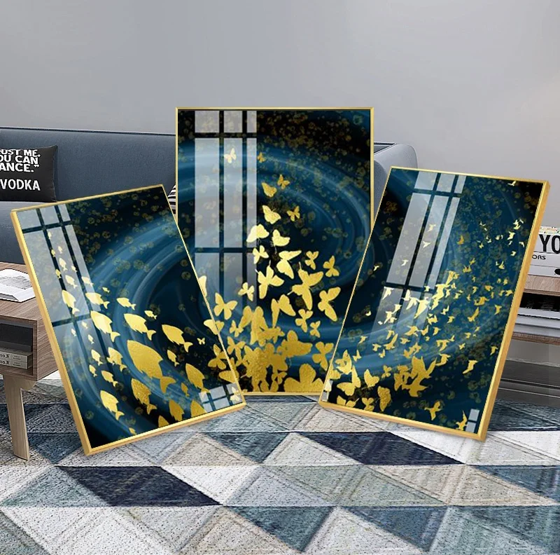 

Modern printed Golden Butterfly Abstract landscape Crystal Porcelain Painting Art Work With Metal Framed For Living Room Decor