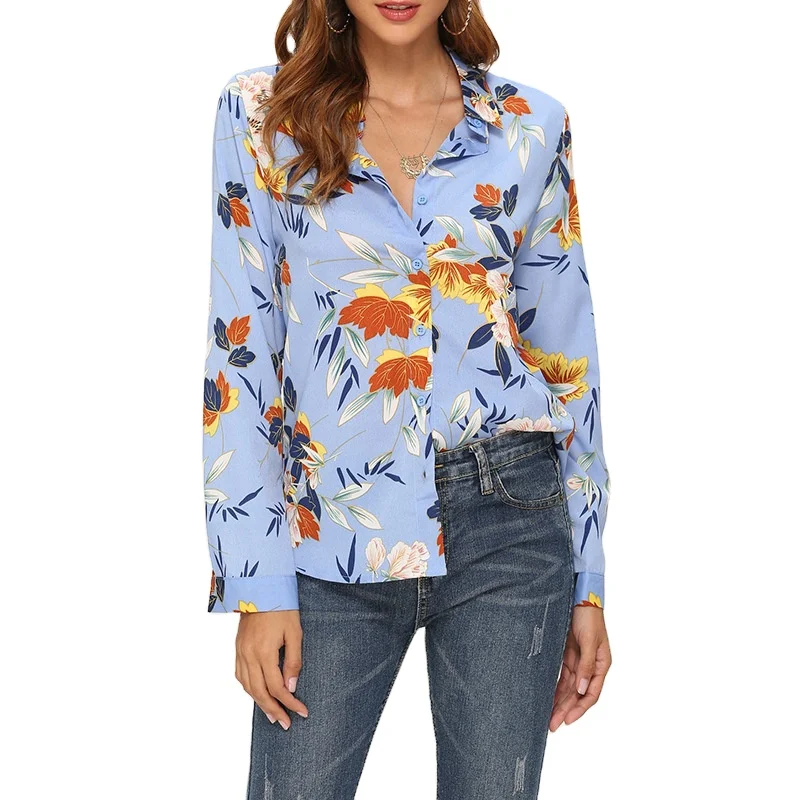 

New Arrival Chiffon Fabric Fashion womens Top Blouse Ladies Chiffon Fabric Floral Print Shirt, Blue