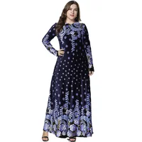 

New 2019 Winter Abaya Muslim Dress Arabic Printed Velvet Pakistani Dubai Islamic Print Warm Navy Blue Dresses