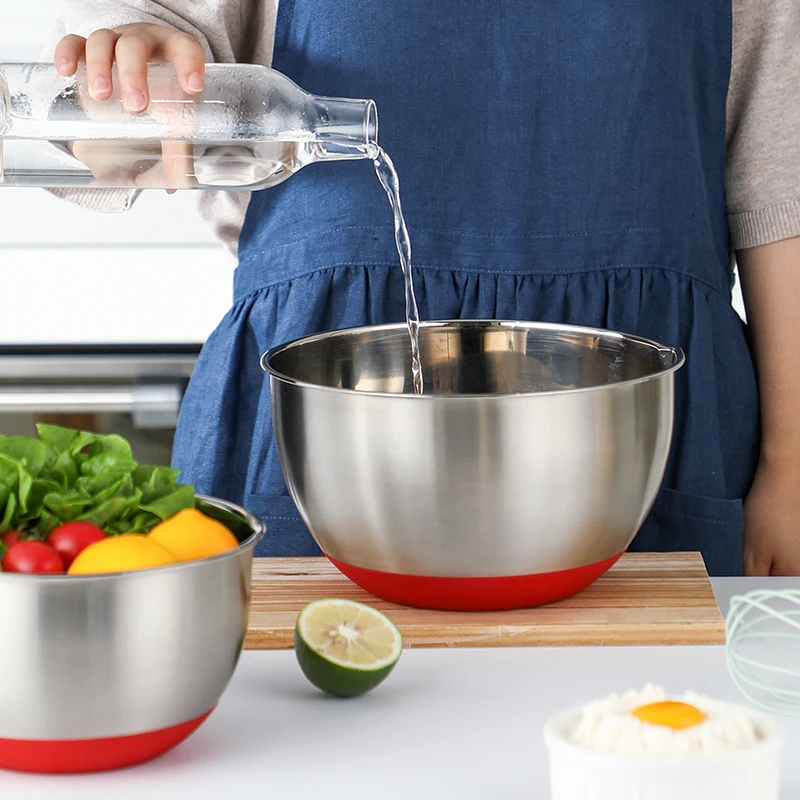 

SHIMOYAMA New Stainless Steel Deep Mixing Salad Bowls with Lids and Non Slip Red Bases