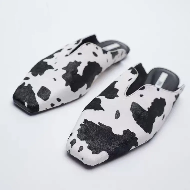 

Brand shoes women spring fashion new cow print faux suede square toe slides slip on lady flat loafer mules female slipper