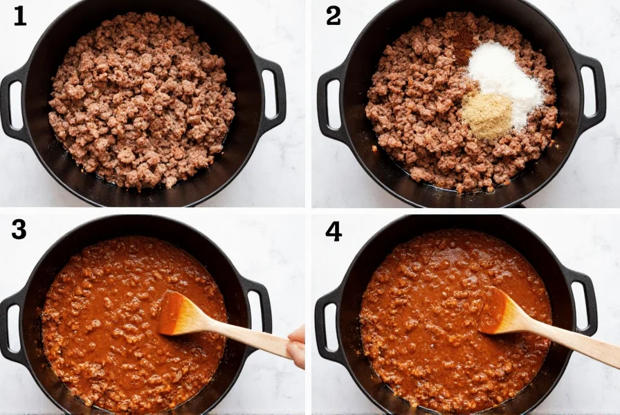 Step-by-step preparation of easy homemade chili in a cast iron pot with ground beef, onions, and spices