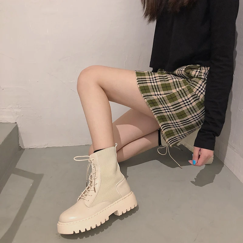 

Women Ankle Boots Woman British Style Boots Lace Up Autumn Winter PU Leather Warm Shoes Women's Thick Bottom Shoes Plus Size