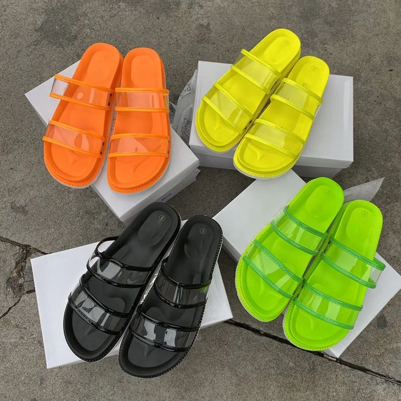 

New Summer Korean Version Transparent PVC Neon Flat Slippers Slide Joker Platform Cake Sandals Women's shoes, Black yellow green orange customzied