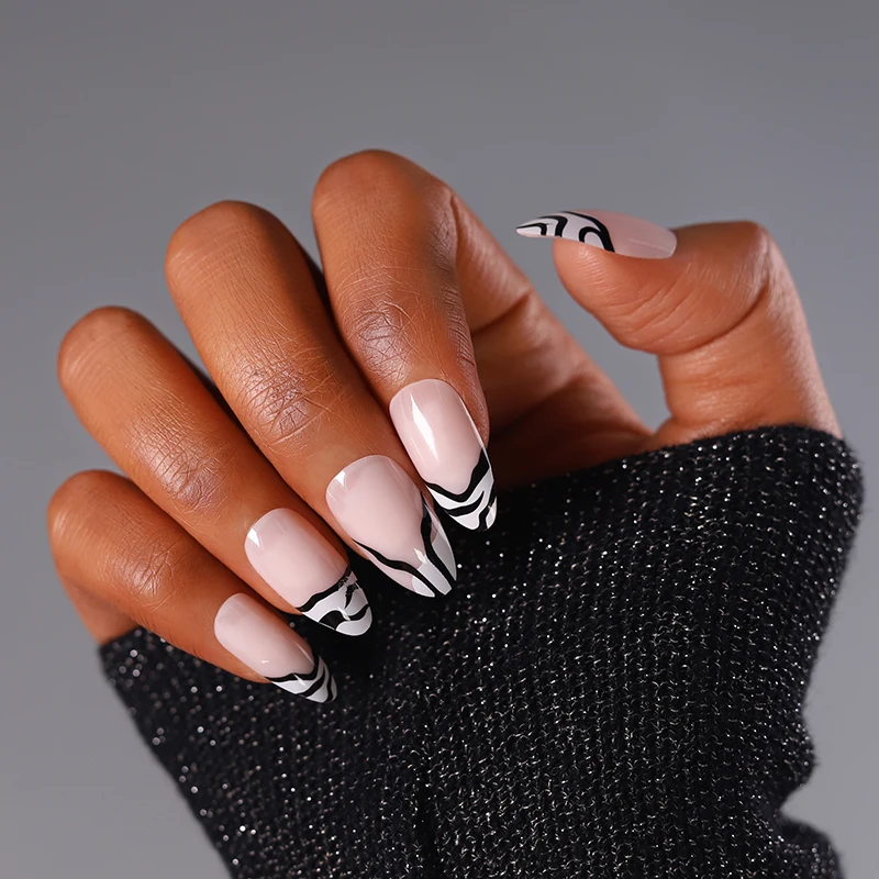 

Reusable Long Lasting Women French Glossy Stiletto UV Gel False Nails Animal Print Zebra Stripe Press on Nails