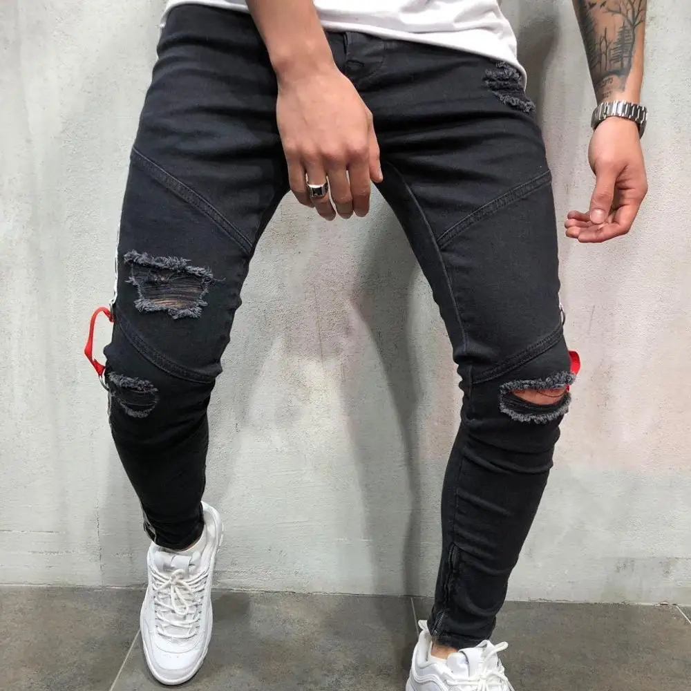 

Men's Ripped Feet Jeans European And American Feet Zipper Jeans New Ripped Jeans Men 100% Cotton