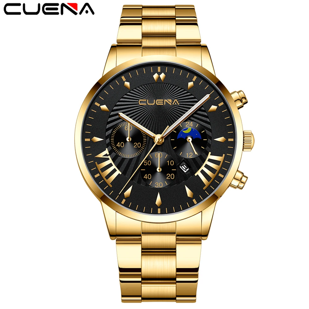 

Cuena Factory Direct Fashion Stainless Steel Band Fashion Unique men gold watch, 12 colors