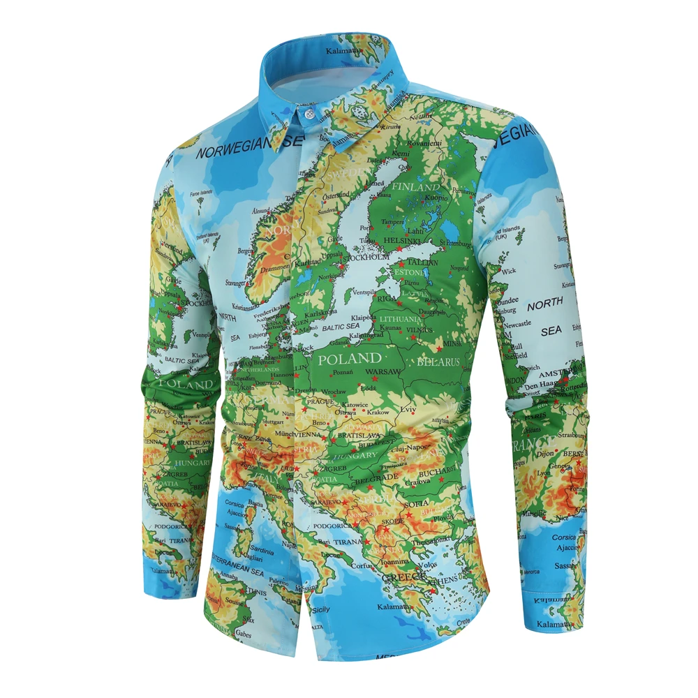 

Foreign trade new explosion models map digital printing men's fashion casual long-sleeved shirt