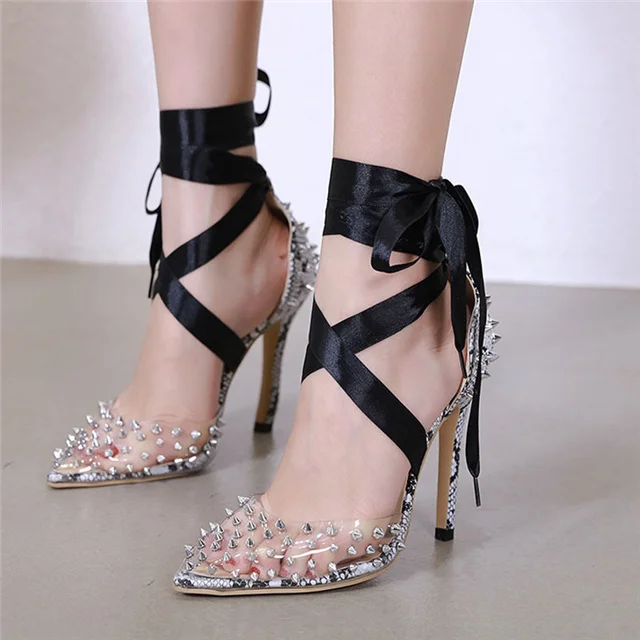 

XQM Roman Style Pointed Rivet Strap Transparent High Heel Ladies Sandals Stiletto Pointed Toe Lace-up Sandals