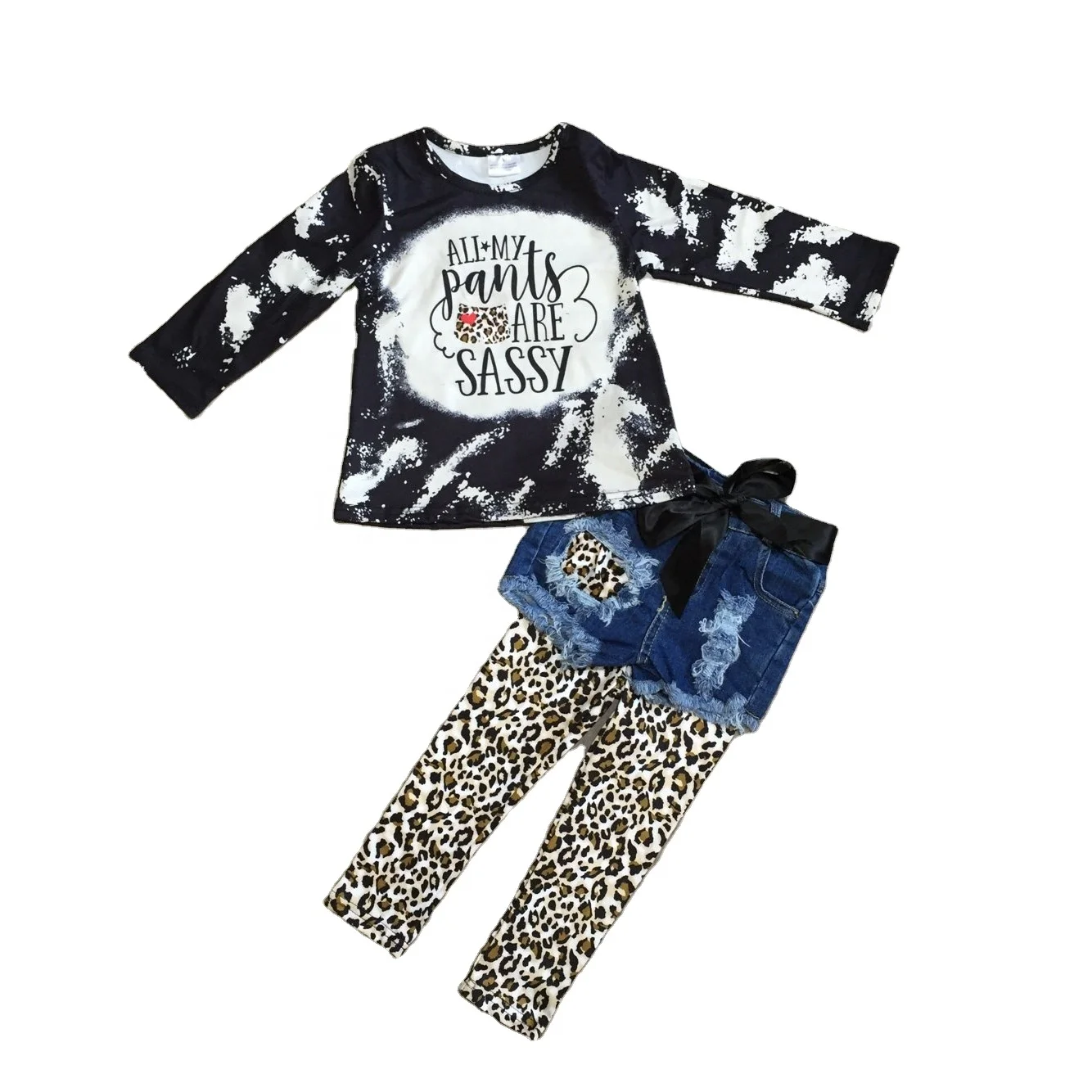 

GirlyMax Fall Winter Girls Tie Dye Sassy Raglan Jean Shorts Leopard Print Leggings Baby Outfits, Black