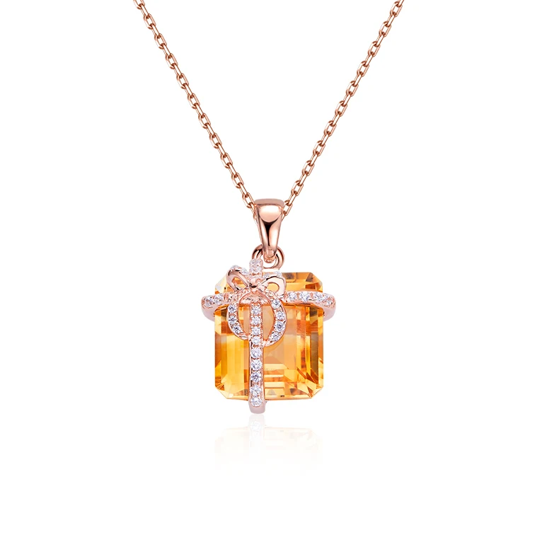 

Luxury 925 Silver Jewelry Women Trendy Dainty Bowknot Emerald Cut Citrine Necklace, Rose gold