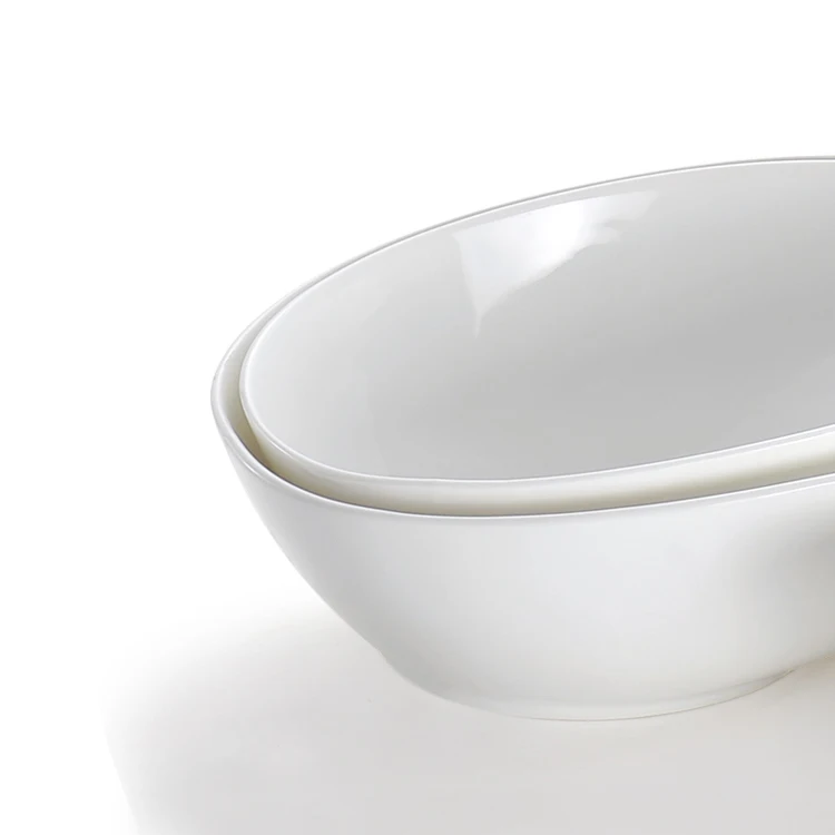 Factory Price Restaurant Serving Dishware Oval White Vegetable Salad Skew Bisque Oblique Mouth Ceramic Bowl