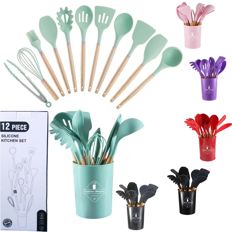 

12 Pieces In 1 Set Silicone Kitchen Accessories Kitchenware cooking tools kitchen Silicone Utensils set With Wooden Handles
