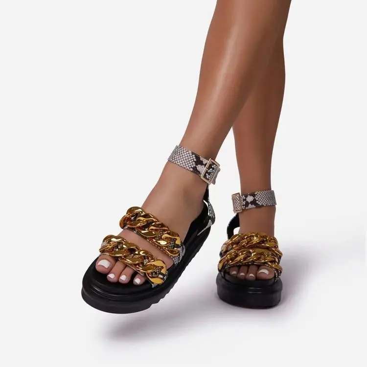 

Lottie chain detail chunky sole flat gladiator sandals female summer casual chic ankle strap buckle peep toe women shoes