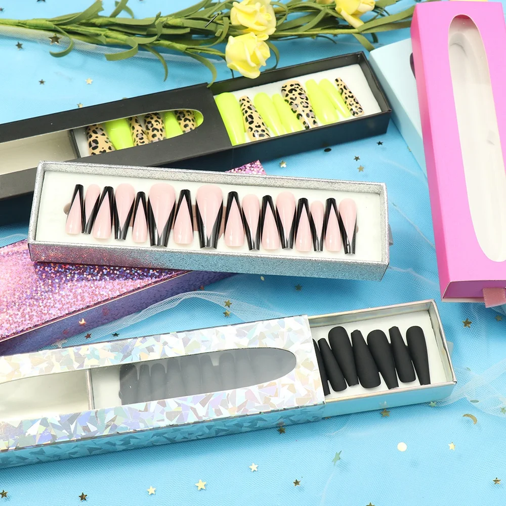 

Wholesale Long Coffin Acrylic French Style Artificial Fingernails Fake Nail Art Custom Luxury Matte False Nails Press On Nails, Multi color