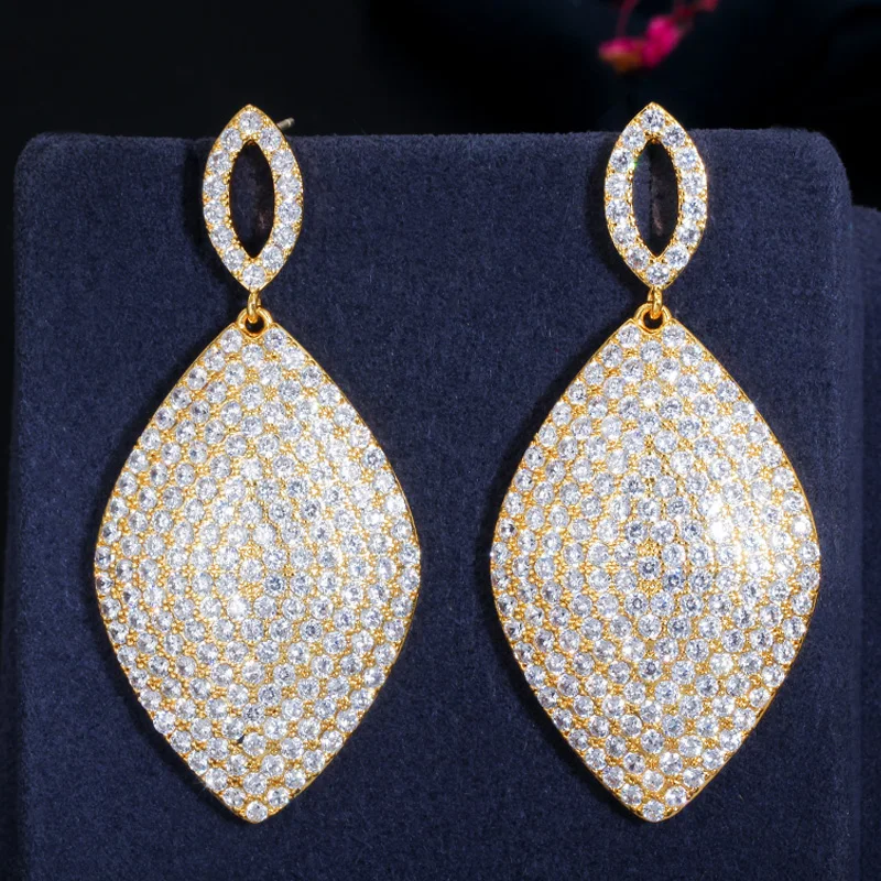 Luxury Long Drop Large Rhombus Leaf Jewelry Full Cubic Zircon Wedding Engagement Party Indian Gold Plated CZ Earrings for Women