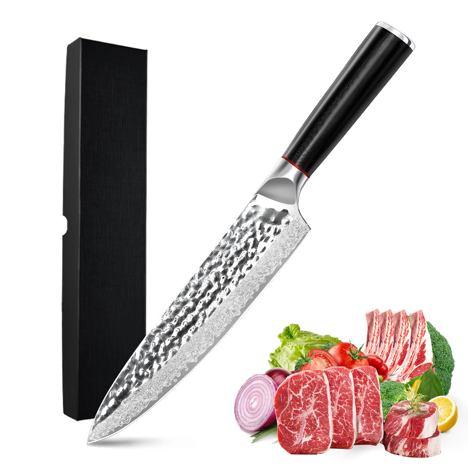 

Damascus kitchen knife steel kitchen cutting knife with G10 handle and Well-designed forging stripes