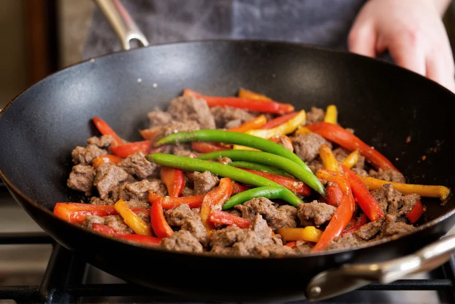Professional chef stir-frying pepper steak in a wok with vibrant bell peppers and tender beef strips