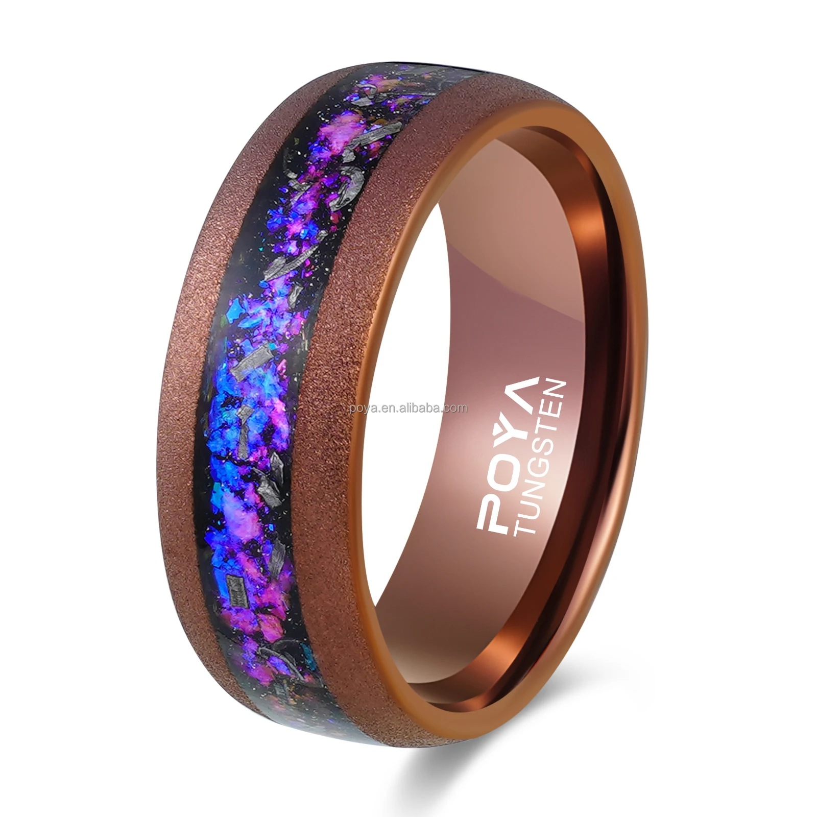 POYA Coffee Wedding Band 8mm Black Silver Sandblasted Dome Tungsten Carbide Meteorite Galaxy Inlay Ring for Men