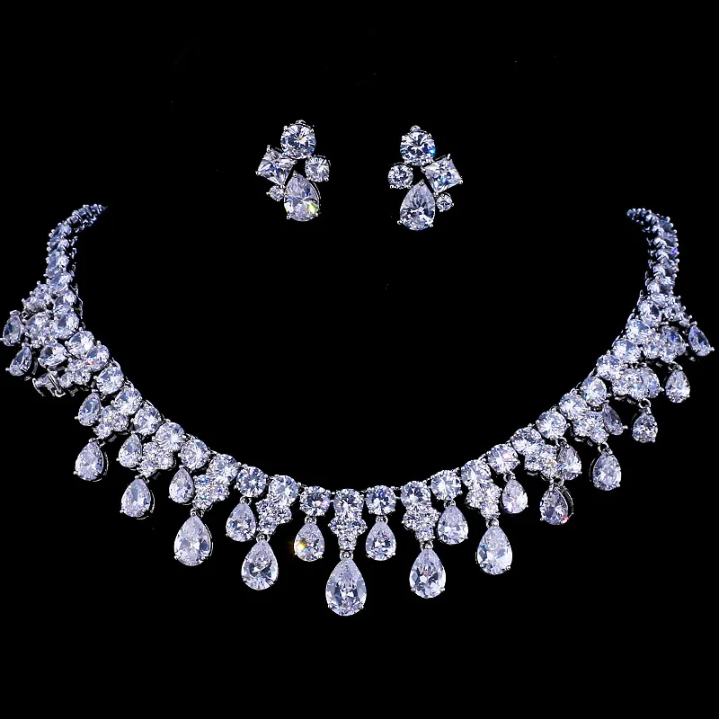 

Hot sale popular jewelry sets cubic zirconia wedding bridal necklace earrings set jewelry, Silver