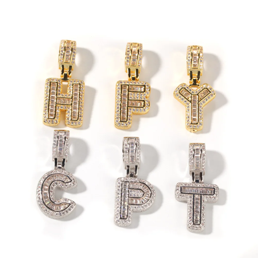 

New Arrival Hot Sale 26 Letter Pendant Gold Silver PVD Plated Iced Out Baguette Initail Charm Pendant Jewelry, Picture