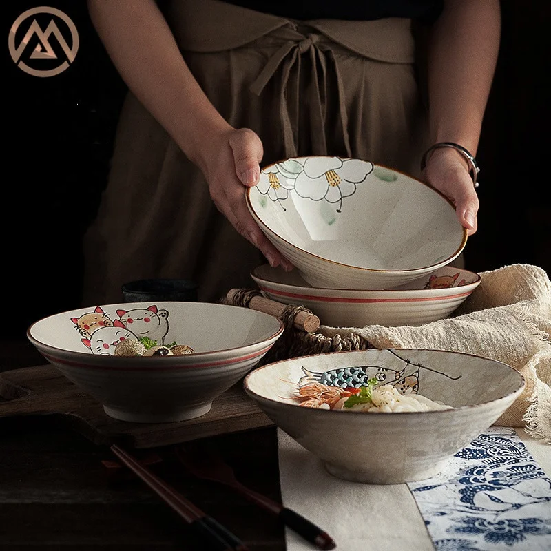 

Japanese ceramic tableware hand-painted ramen bowl lovely cartoon fruit salad soup noodle bowl, Blue