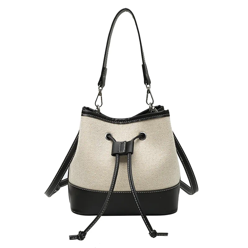 

2021 handbags for women autumn new fashion bag inclined span bag drawcord splicing canvas portable bucket bag, Customizable