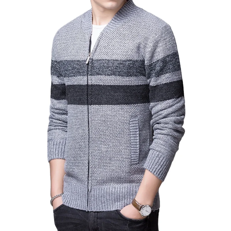 

2021 winter classic o neck men thick cardigan zip up open front casual knitted warm coat cheap stripe, Grey, black, brown etc