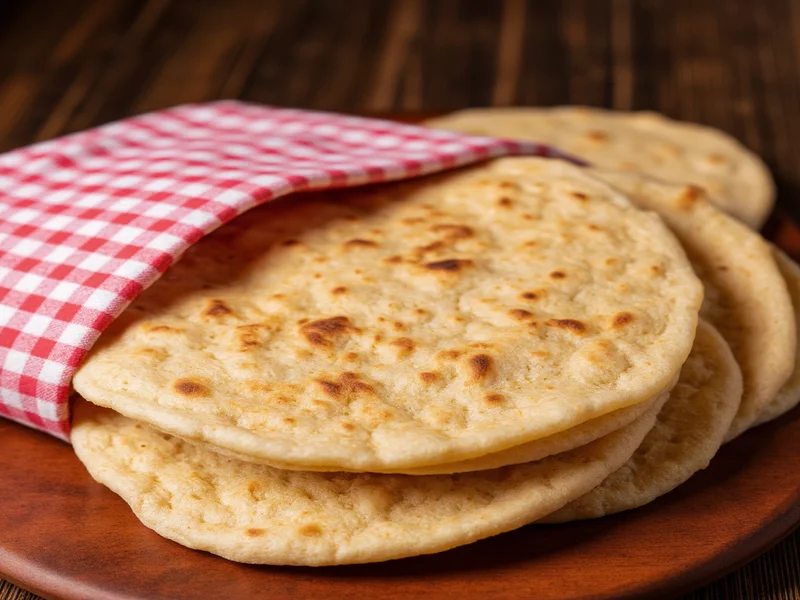 Stack of warm homemade tortillas wrapped in checkered cloth