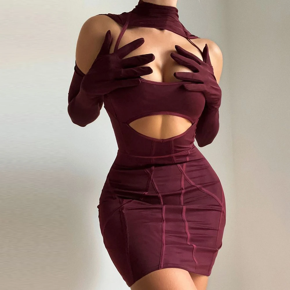 

6520 Sexy Hollow Out Long Sleeve Dress Evening Birthday Party Turtleneck Skinny Mini Dresses For Women Vintage Superdry