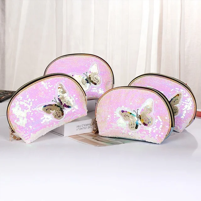 

New Arrival Fashion Ladies' Glitter Seashell Cosmetic Bag Butterfly Sequin Cosmetic Makeup Bag
