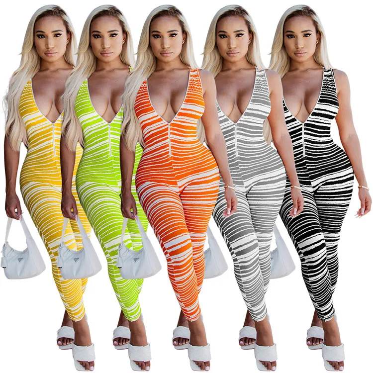 

2021 Womens Summer Fashion Striped Pants One Piece Deep V-neck Long Pants with Zipper Sleeveless Jumpsuit Women Bodysuits, As picture