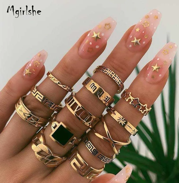 

Mgirlshe Boho Gold Ring Set Joint Knuckle Carved Finger Rings Stylish Hand Accessories Jewelry for Women and Girls