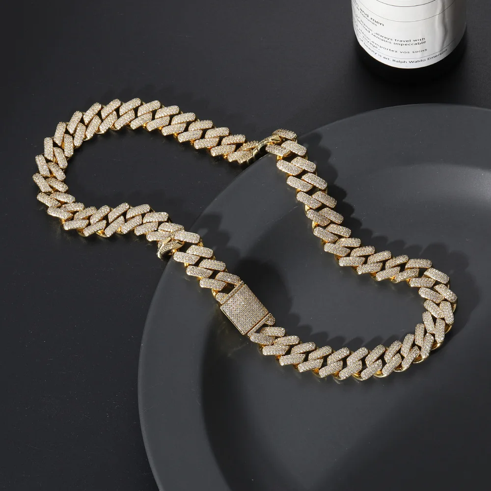 

13mm Hip Hops Real Gold Plated Cubic Zircon Cuban Link Chain Necklaces Bling Bling Full Diamond Cuban Link Chain Necklaces