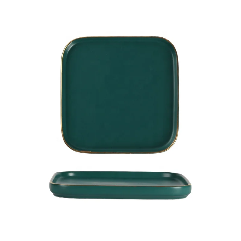 

Restaurant used wholesale rectangular matte glaze cheap ceramic serving plates, Green/green gold