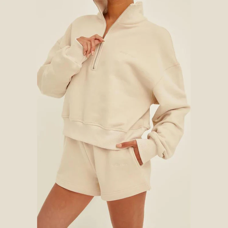 

Custom logo sportswear short sweat suits women half zip hoodie and jogger set with shorts causal women's shorts sets