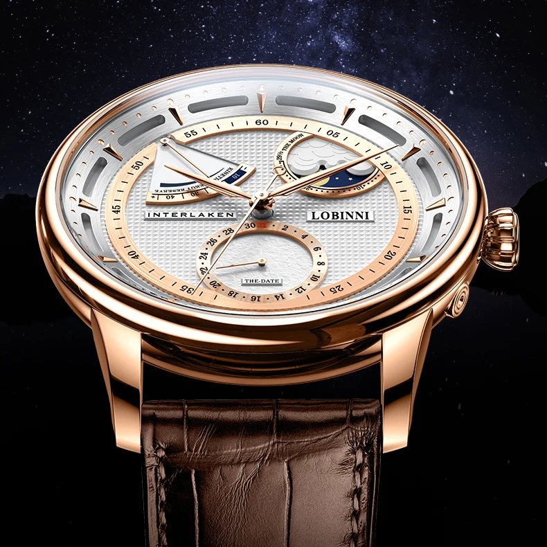 

LOBINNI Luxury Men's Wristwatches Automatic Mechanical Watches Relojes Hombre 17011 2021 Fashion Leather Men Automatic Movement, 4 colors