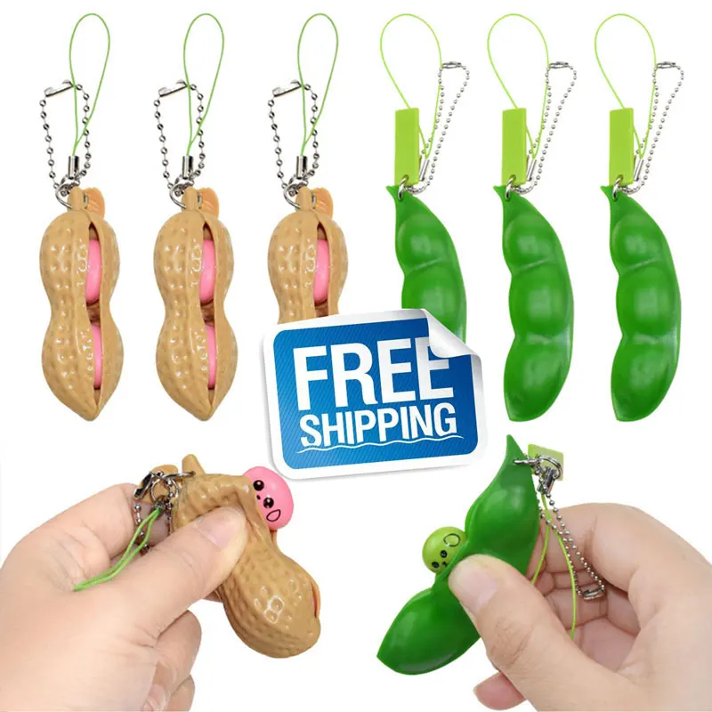 

Free Shipping Squeez Beans Peas Pea nuts Keychain Fidget Toys Squishy Anti Stress Reliever Relief Squeeze Edamame Soybean Toy