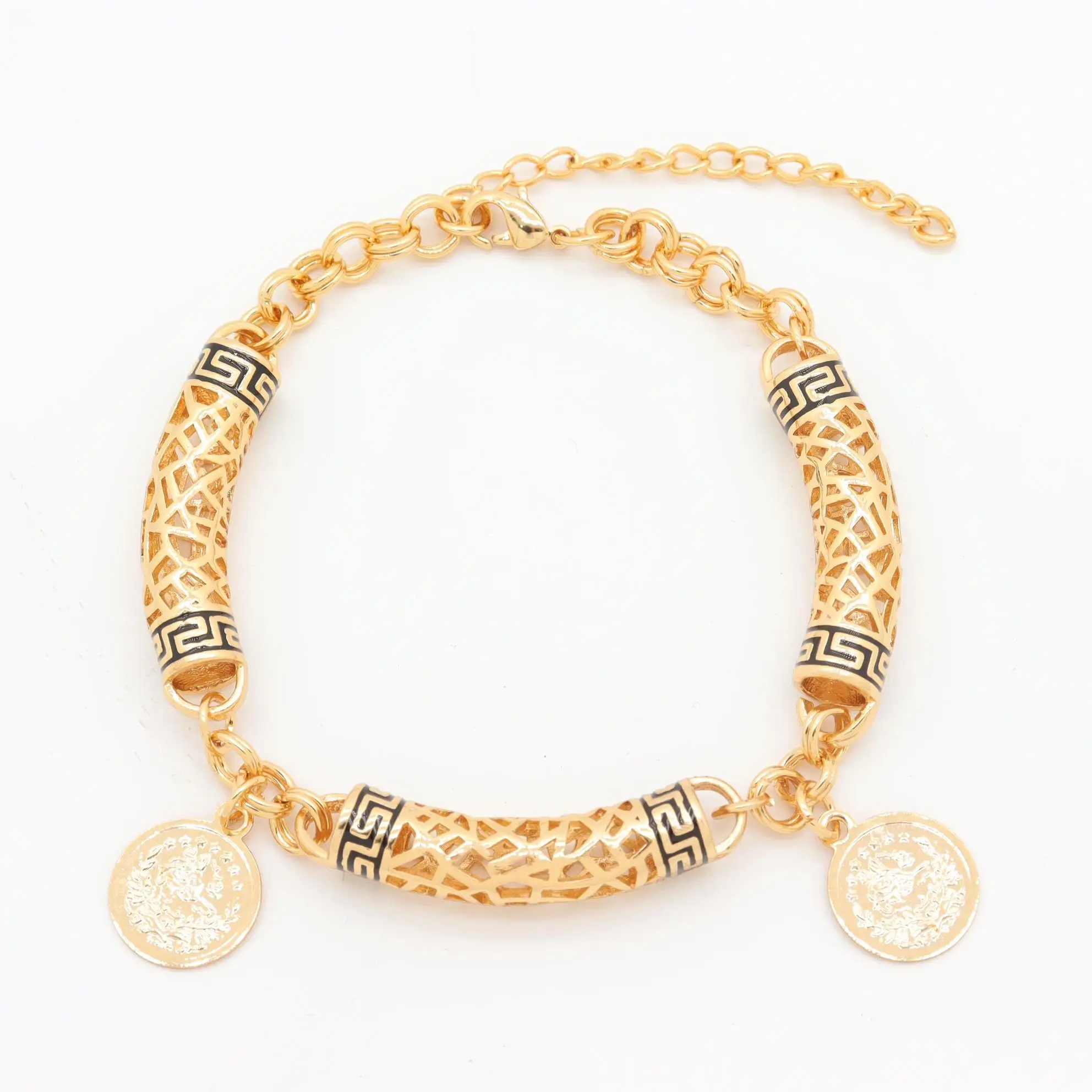 

dubai Saudi Arabia 24k gold plated punk black painting oil enamel bracelet & bangle charm coin pendant dangle jewelry for men