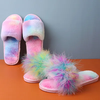 

F40841A The Wholesalee Sweet Fashion Fluffy Slippers Female Feathered Children House Slippers Children's Casual Shoes, As picture